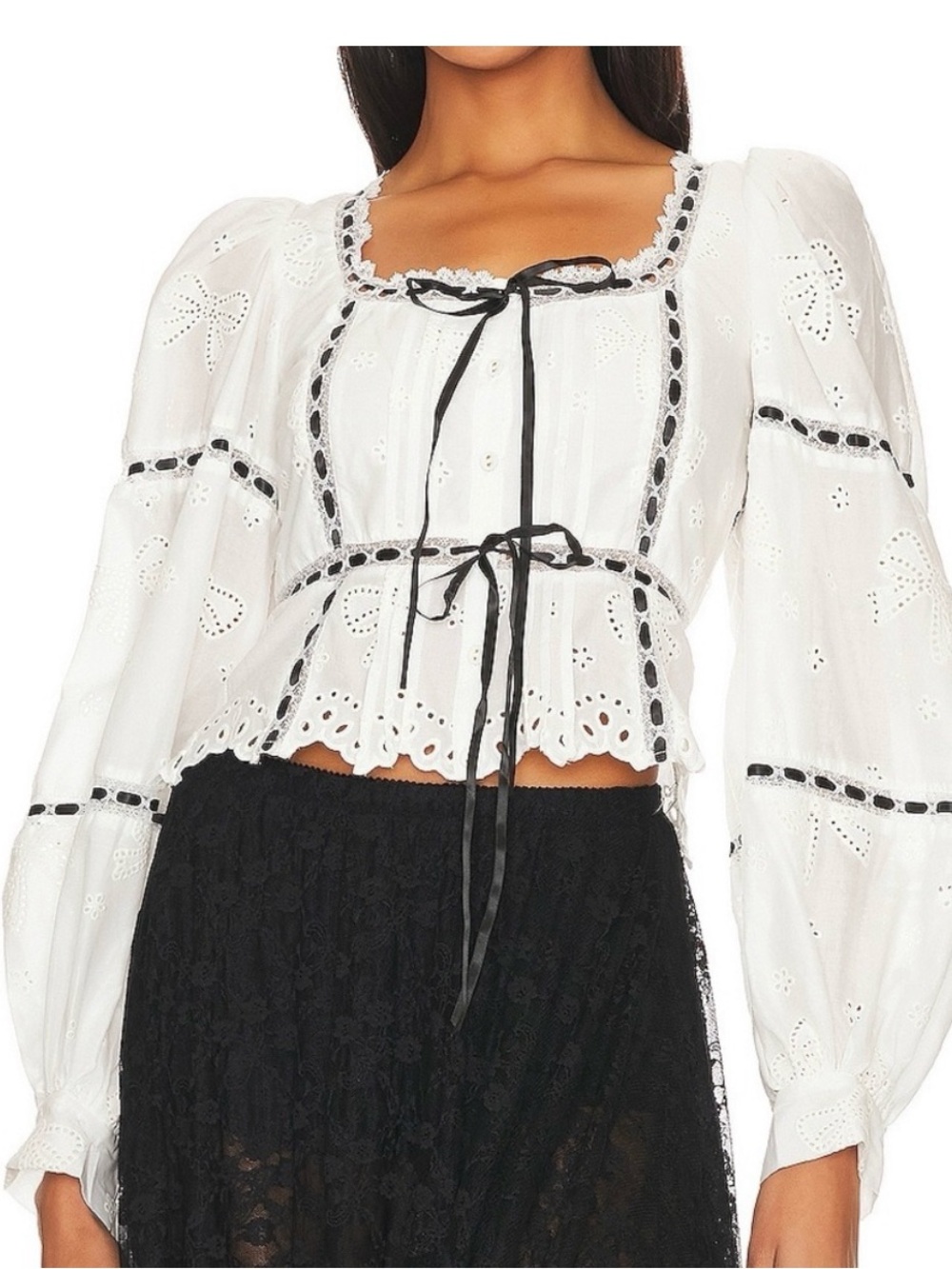 For Love And Lemons White Eyelet Blouse with Black Ribbon Detail